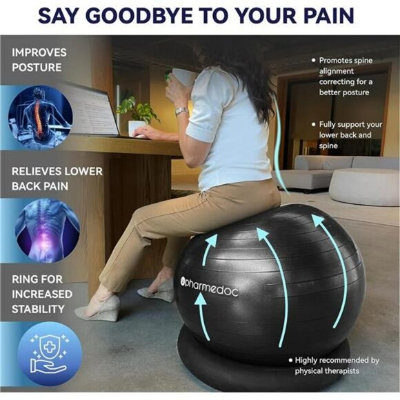Pharmedoc Yoga Ball Chair with Base Bands Home Gym Pregnancy Birthing Ball 20in - Picture 3 of 8